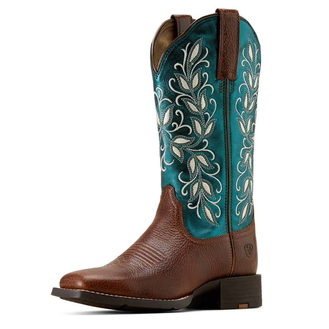 Ariat - Women's Round Up Holly Wide Square Toe Boot Beasty Brown/Metallic Sea