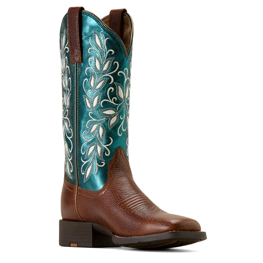 Ariat - Women's Round Up Holly Wide Square Toe Boot Beasty Brown/Metallic Sea