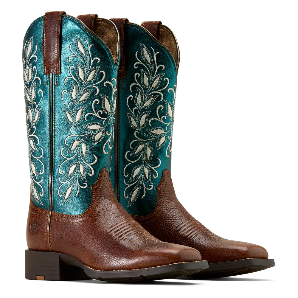 Ariat - Womens Round Up Holly Wide Square Toe Boot Beasty Brown/Metallic Sea