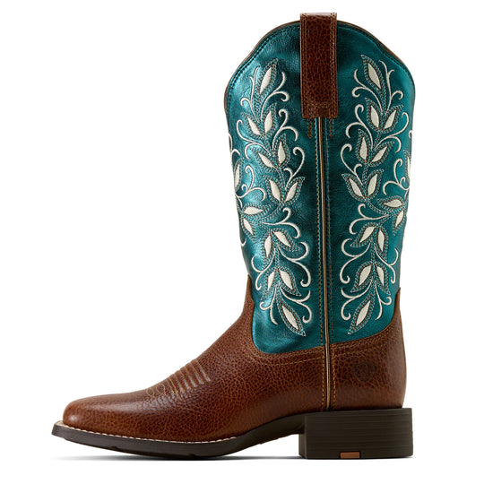 Ariat - Women's Round Up Holly Wide Square Toe Boot Beasty Brown/Metallic Sea