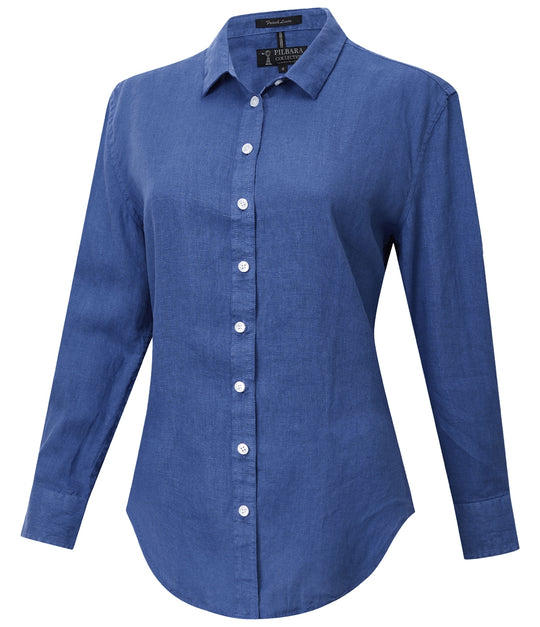 Ritemate - Womens Long Sleeve Linen Blouse - Deep Blue