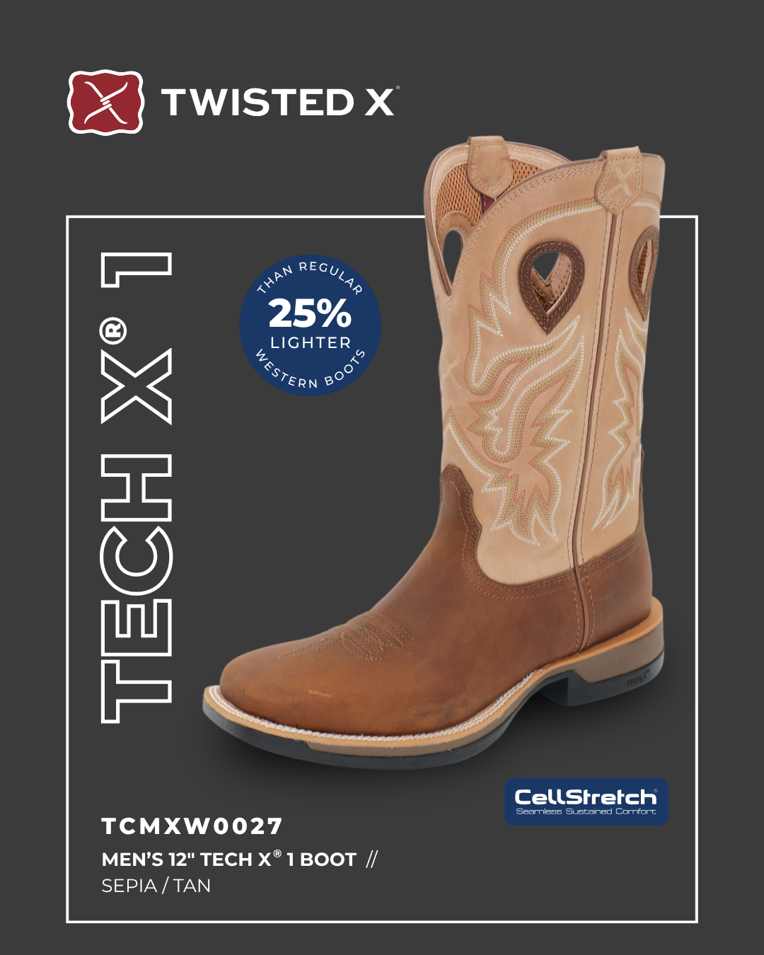 Twisted X - Men's 12 Tech X1 Boot Sepia Tan