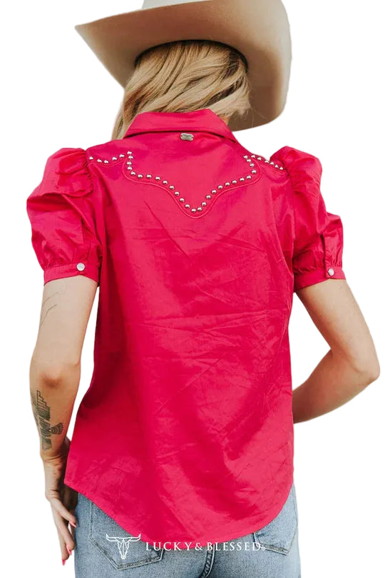 Buffalo Belle - Womens Pink Studded Short Sleeve Blouse