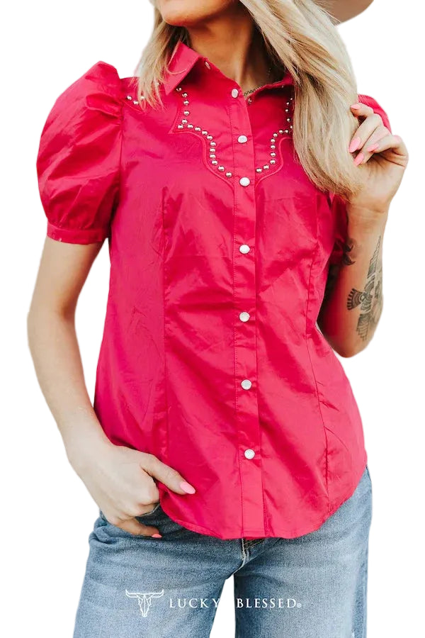 Buffalo Belle - Womens Pink Studded Short Sleeve Blouse