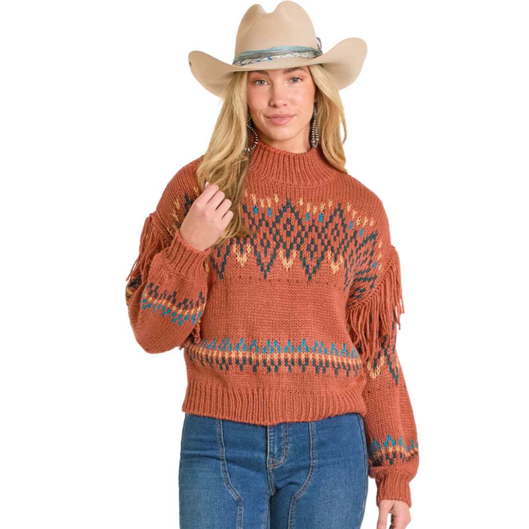 Rock & Roll - Womens Rust Aztec Fringe Sweater