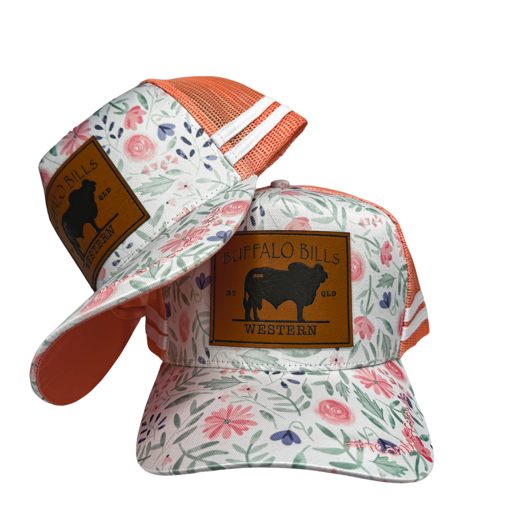 BBWS - Peach Floral Brahman Leather Patch Trucker Cap