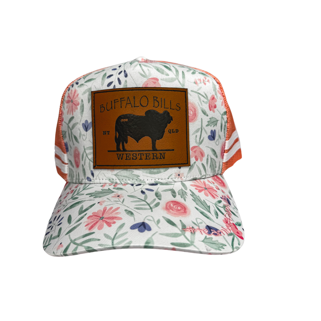 BBWS - Peach Floral Brahman Leather Patch Trucker Cap