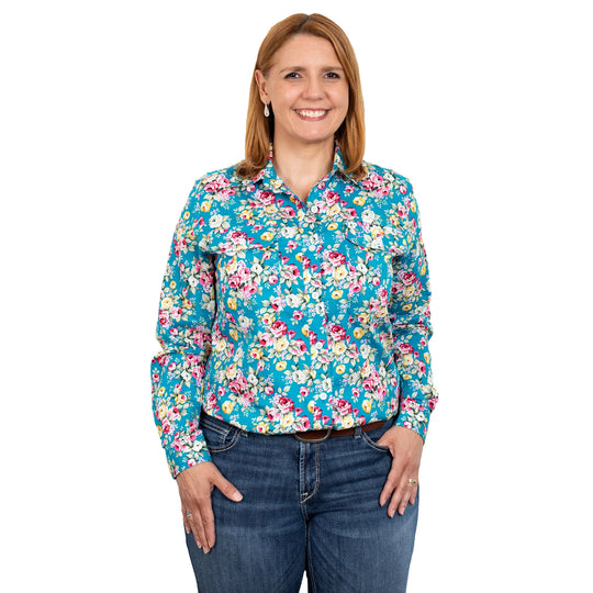 Just Country - Abbey Work shirt - Teal Peonies