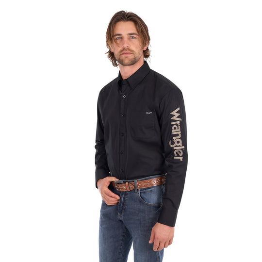 Wrangler - Mens Black Flex Logo 1PKT Long Sleeve Shirt