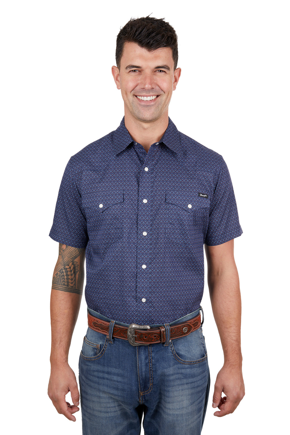 Mens - Wrangler Navy Matt Short Sleeve Arena