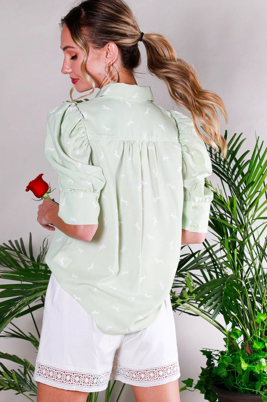 Buffalo Belle - Puff Sleeve Collard Horse Print Blouse Sage