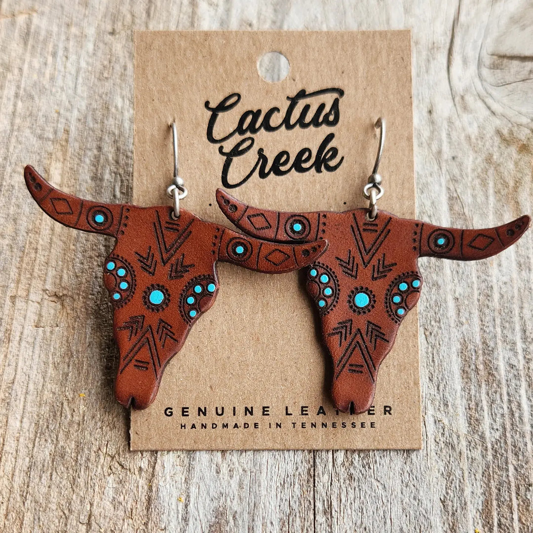 Cactus Creek - Southwest Skull Tooled Leather Earrings