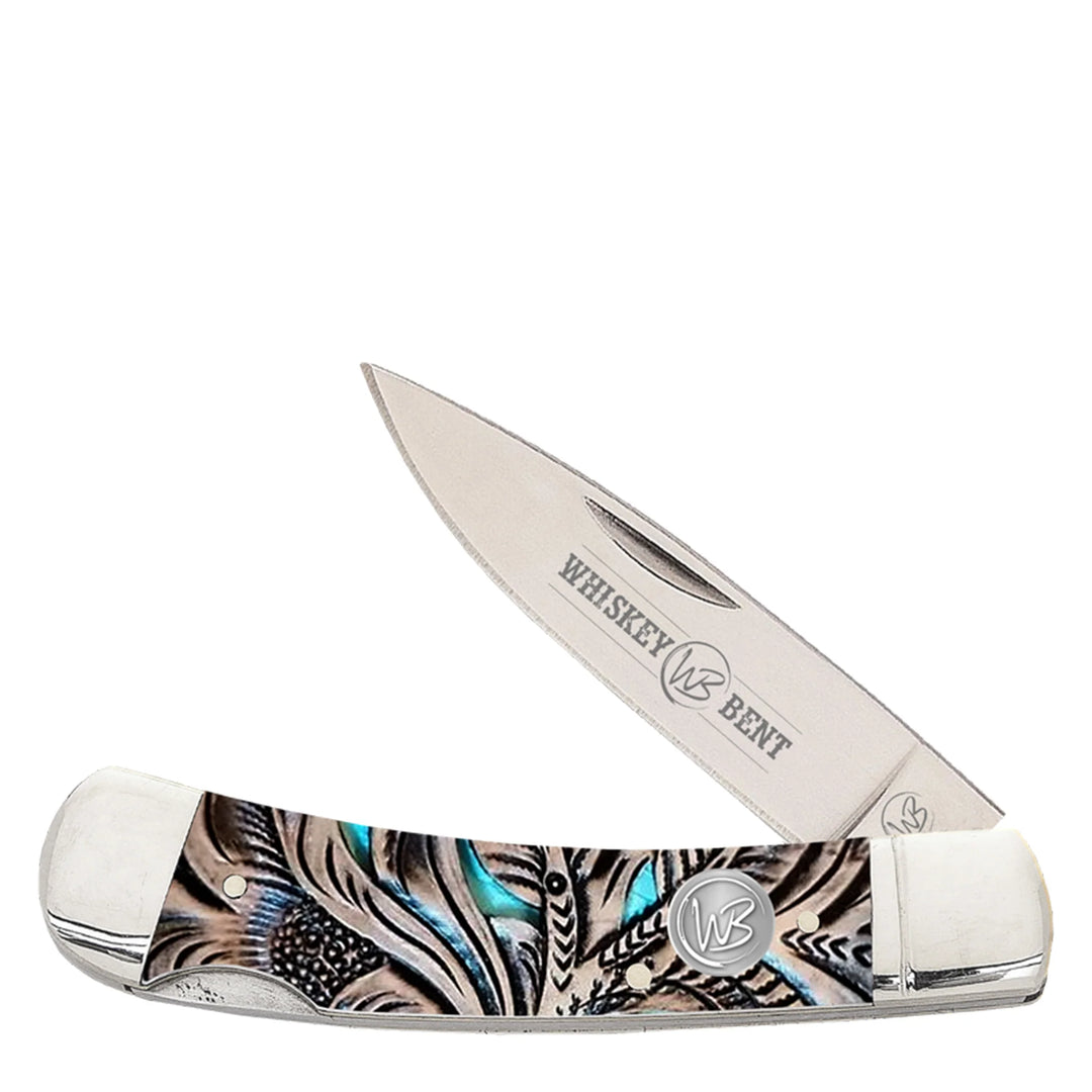 Whiskey Bent - Trapper Pocket Knife Single Locking Blade Floral Turquoise