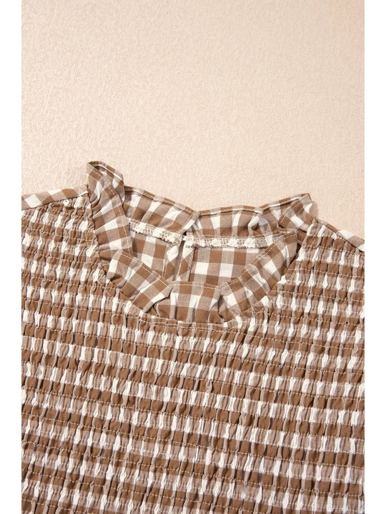 Buffalo Belle - Womens Gingham Smocked 3/4 Sleeve Ruffle Blouse