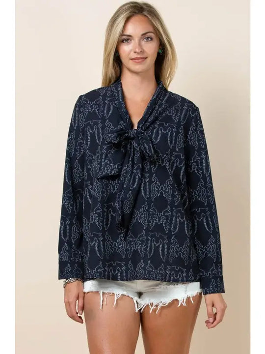 Buffalo Belle- PIPER Boot Stitch Print Front Tie Blouse
