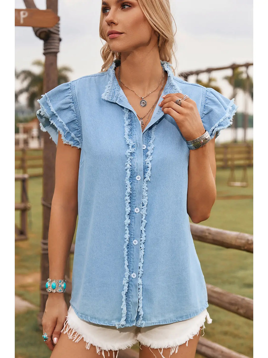 Buffalo Belle - Denim Ruffle Blouse