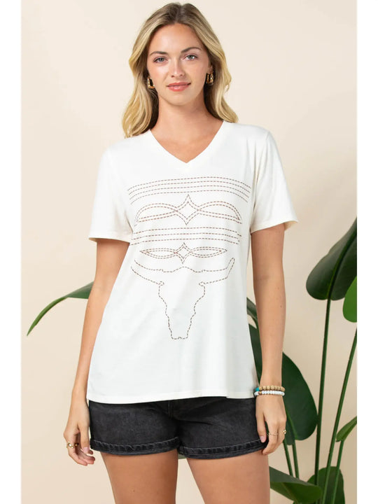 Buffalo Belle - Womens Longhorn Boot Stitch Tee