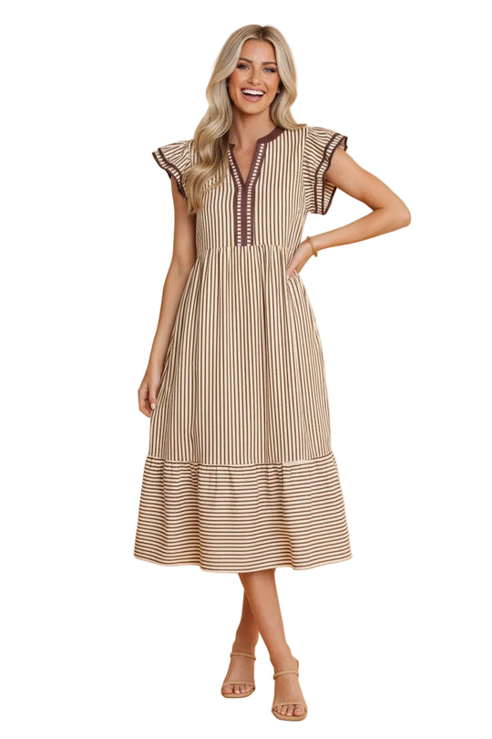 Buffalo Belle - Women's Stripe Ruffle Short Sleeve V-Neck Midi Dress