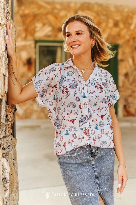 Buffalo Belle - Western Ivory Paisley Printed Button Down Blouse