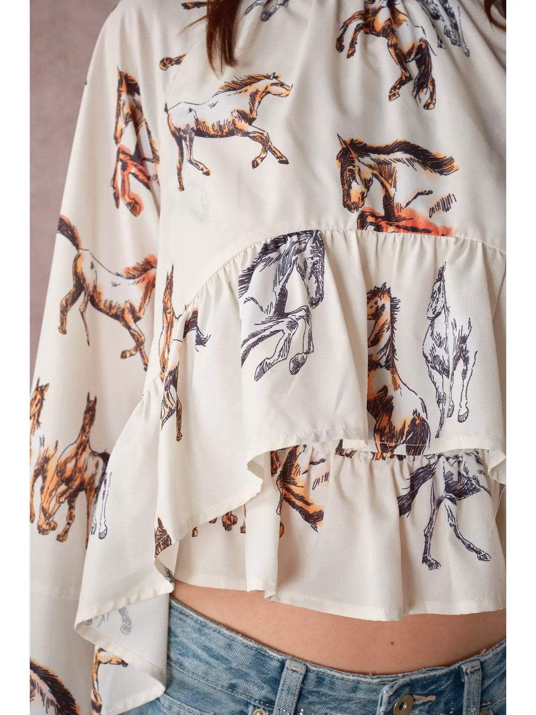 Buffalo Belle - High Neck Horse Print Ruffle Top