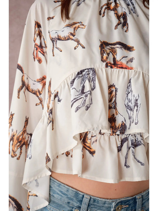 Buffalo Belle - High Neck Horse Print Ruffle Top