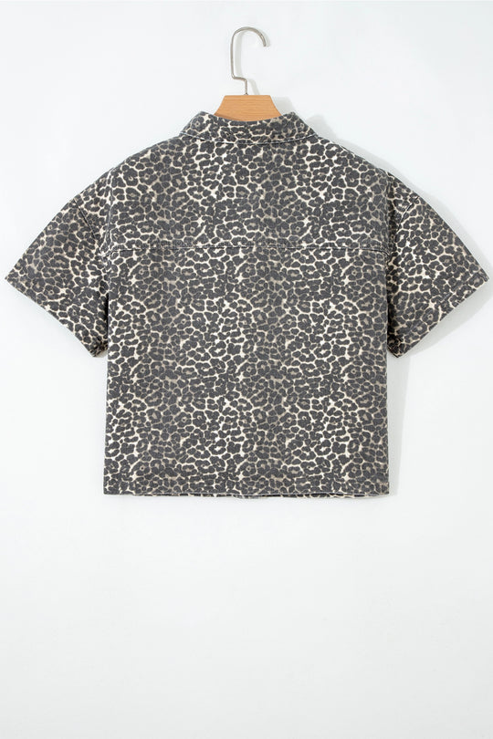 Buffalo Belle - Women's Leopard Denim Short Sleeve Button Crop Shirt