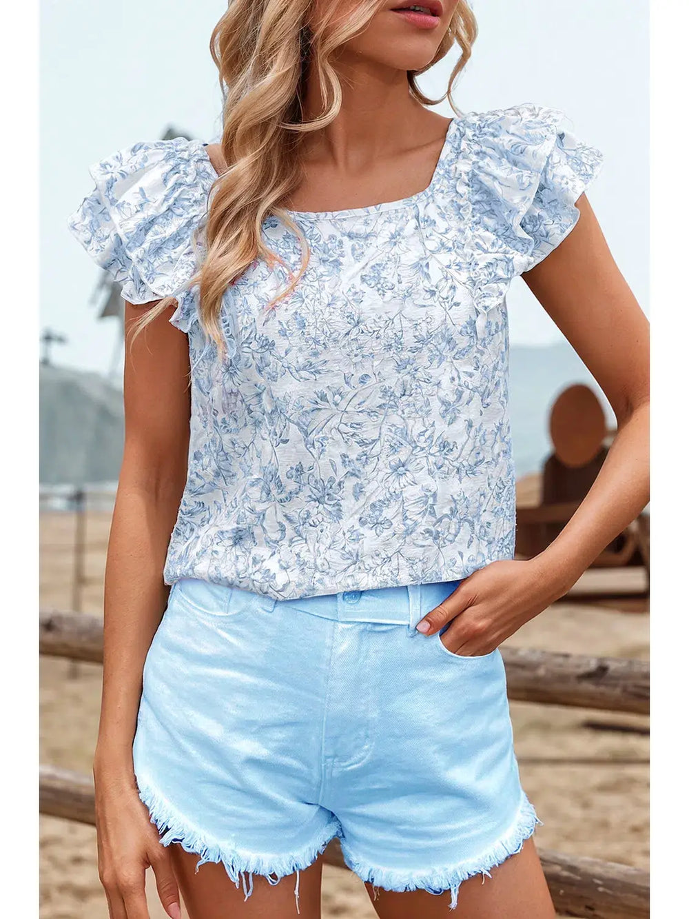 Buffalo Belle - Blue Floral Short Sleeve Ruffle Blouse