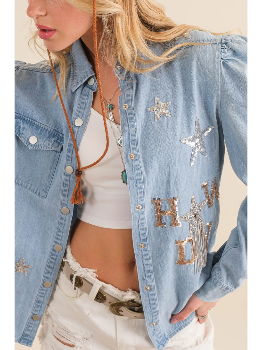 Buffalo Belle - Womens Denim Howdy Sequin Blouse