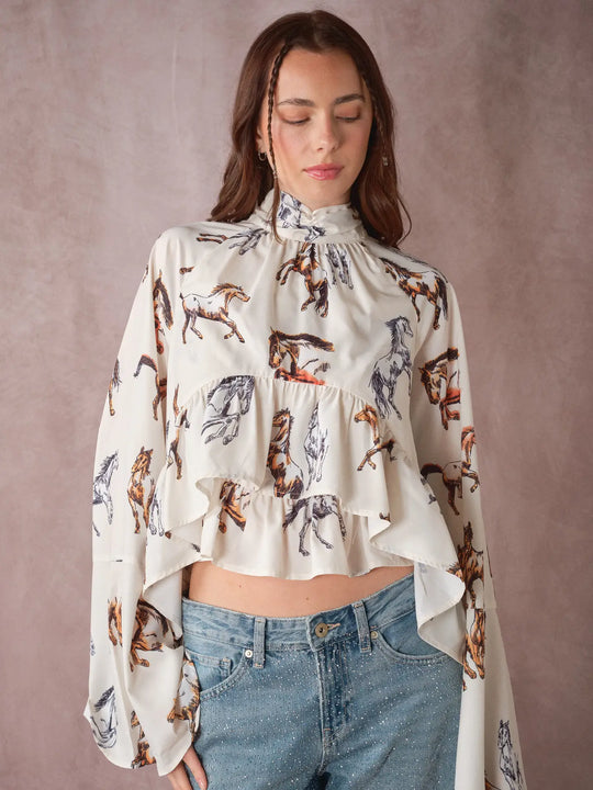Buffalo Belle - High Neck Horse Print Ruffle Top