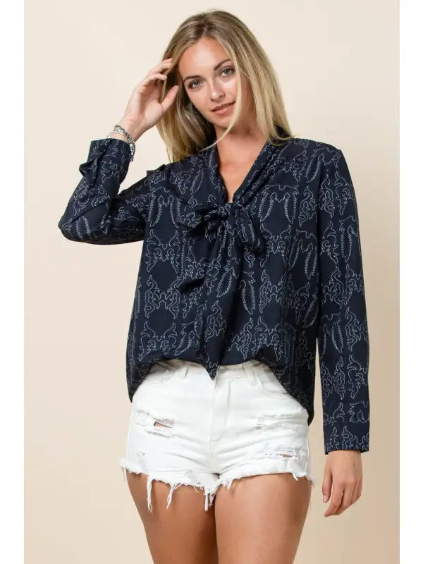 Buffalo Belle- PIPER Boot Stitch Print Front Tie Blouse