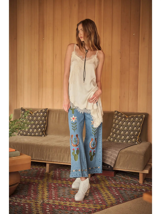 Buffalo Belle - Womens Wide Leg Embroidered Denim Pants