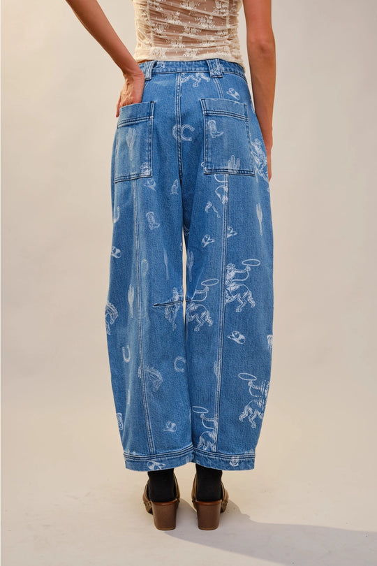 Buffalo Belle - Western Print Denim Barrel Leg Pants