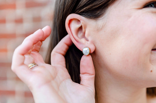 Buffalo Belle - Ash Bezel Freshwater Pearl Stud Gold Plated Sterling Silver