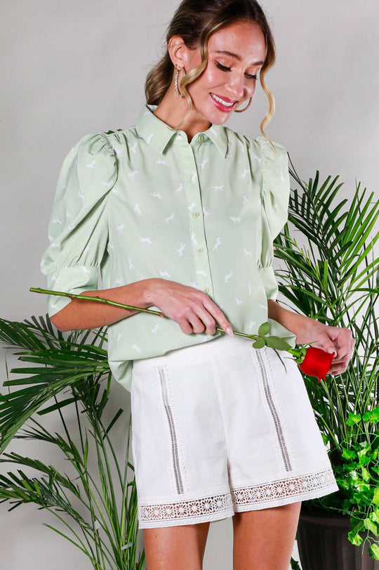 Buffalo Belle - Puff Sleeve Collard Horse Print Blouse Sage