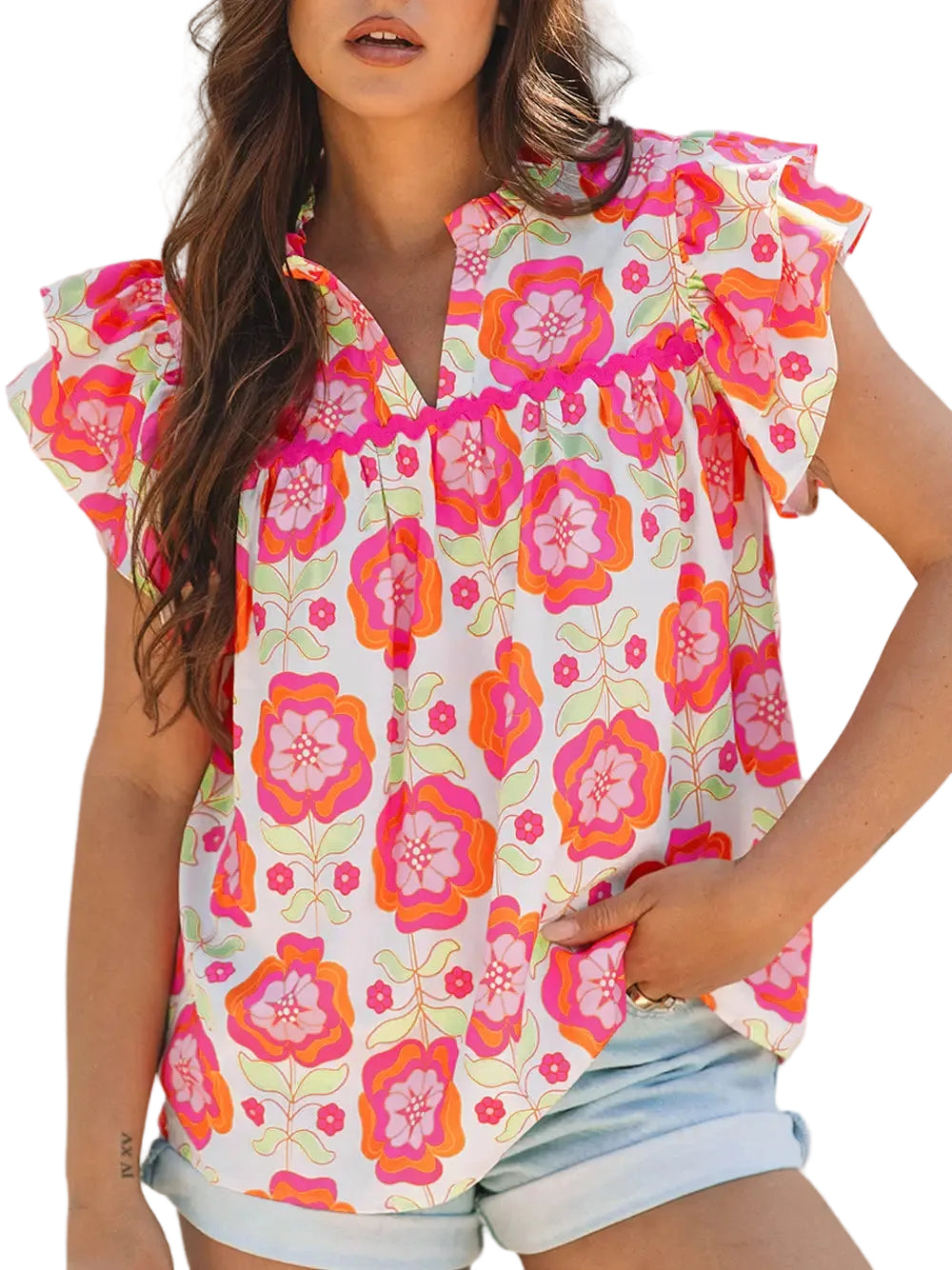 Buffalo Belle - Womens Floral Ricrac Trim Ruffle Sleeve Blouse
