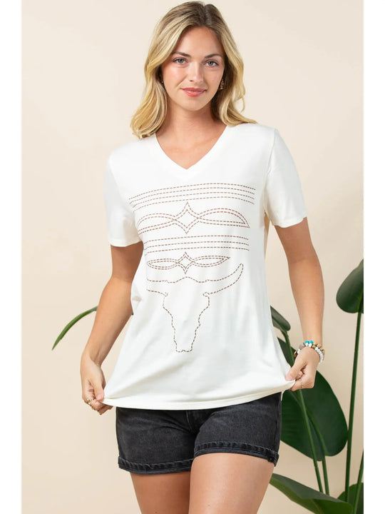 Buffalo Belle - Womens Longhorn Boot Stitch Tee