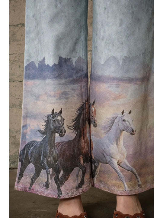 Buffalo Belle - Western Horse Print Wide Leg Jeans