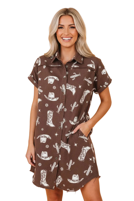 Buffalo Belle - Women's Western Cowgirl Cactus Raw Edge Denim Dress
