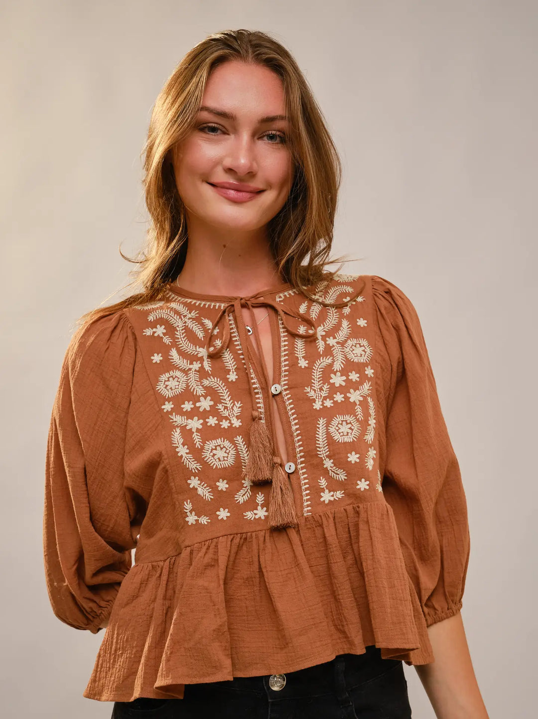 Buffalo Belle - Gabby 3/4 Puff Sleeve Embroidered Peplum Blouse