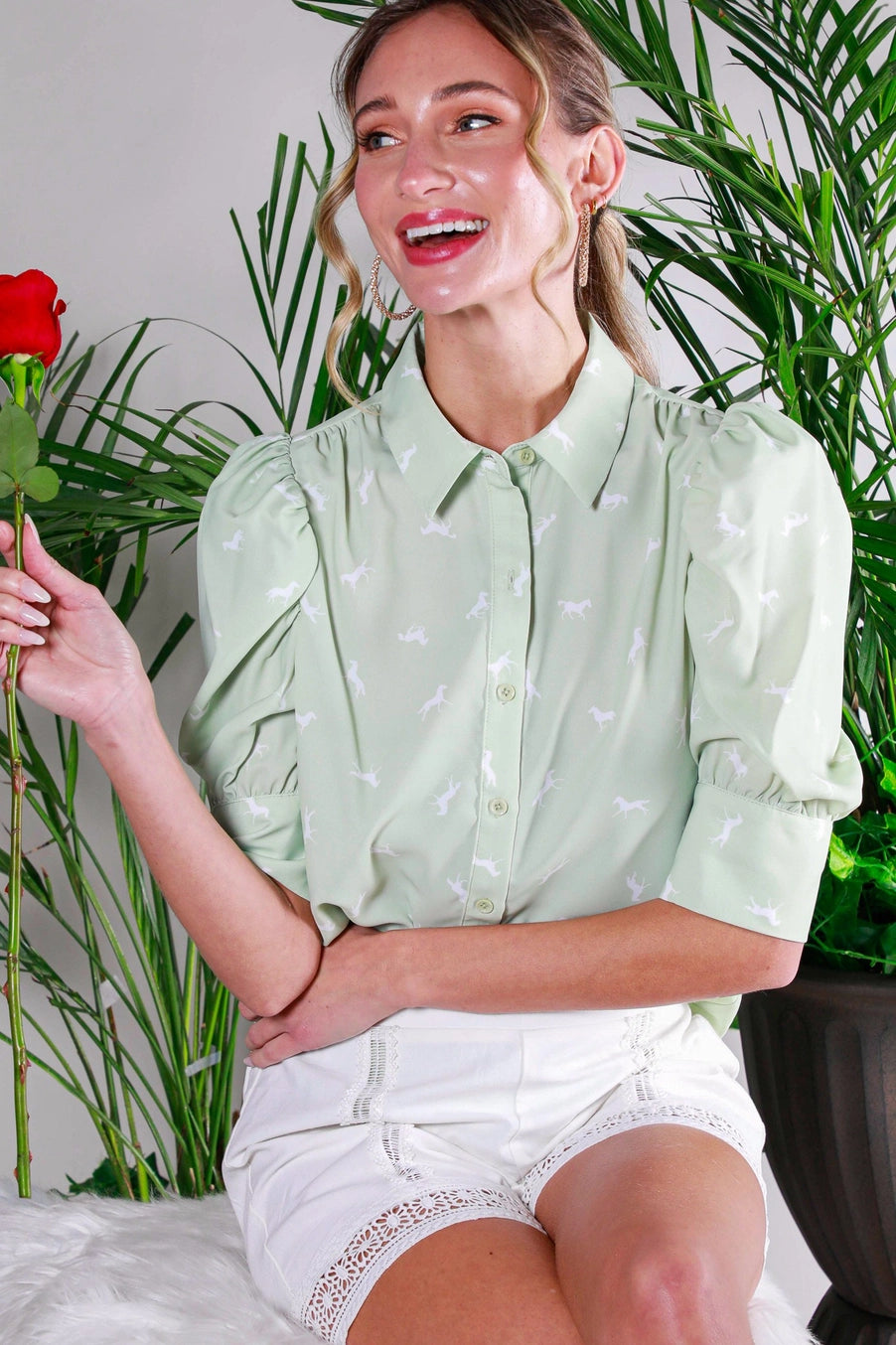 Buffalo Belle - Puff Sleeve Collard Horse Print Blouse Sage