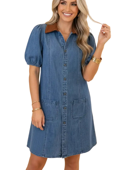 Buffalo Belle - Women's Denim Patchwork Collar Puff Sleeve Mini Dress