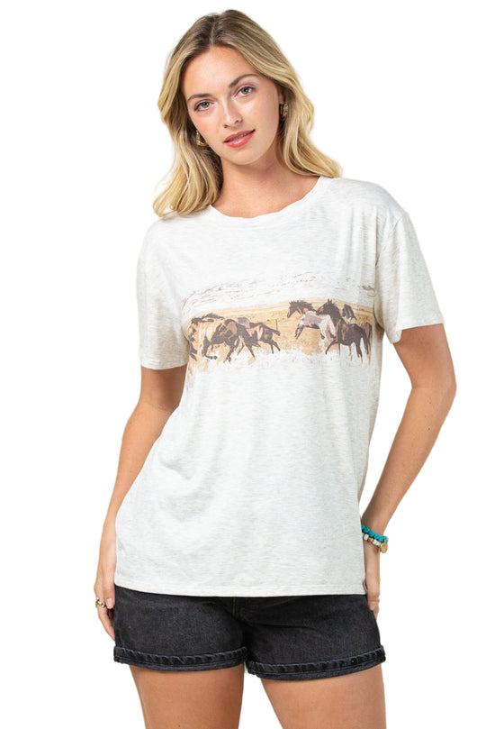 Buffalo Belle - Womens Running Horses Oatmeal Tee