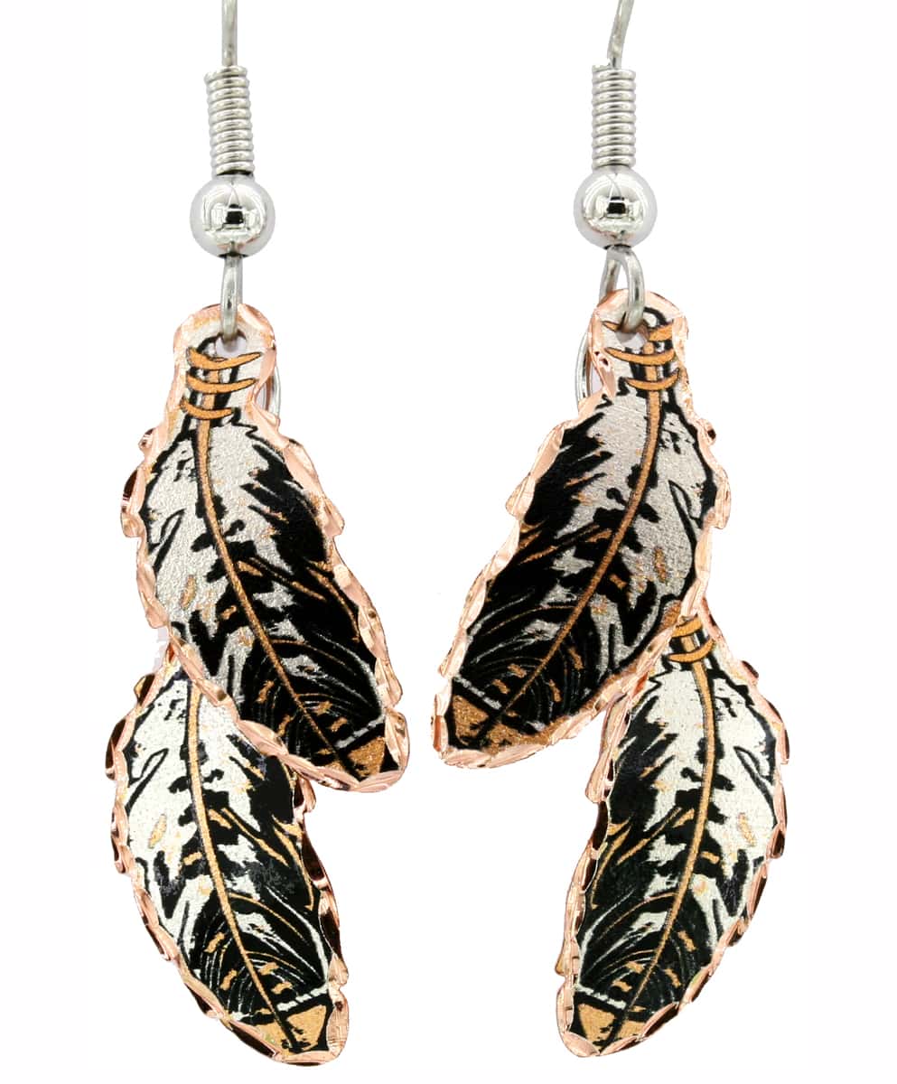 Native American - Copper Double Feather Black Earrings