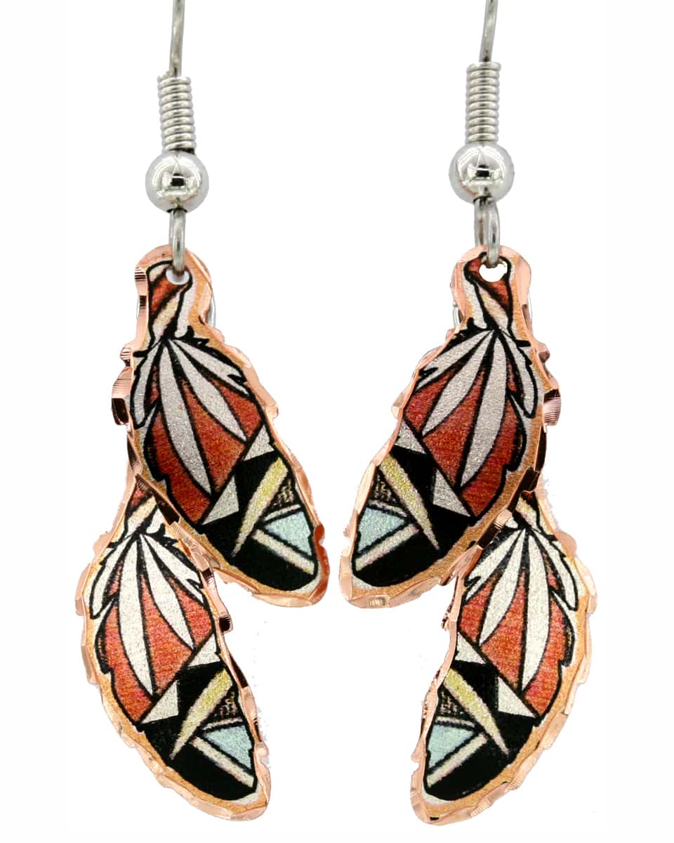 Native American - Copper Double Feather Earrings