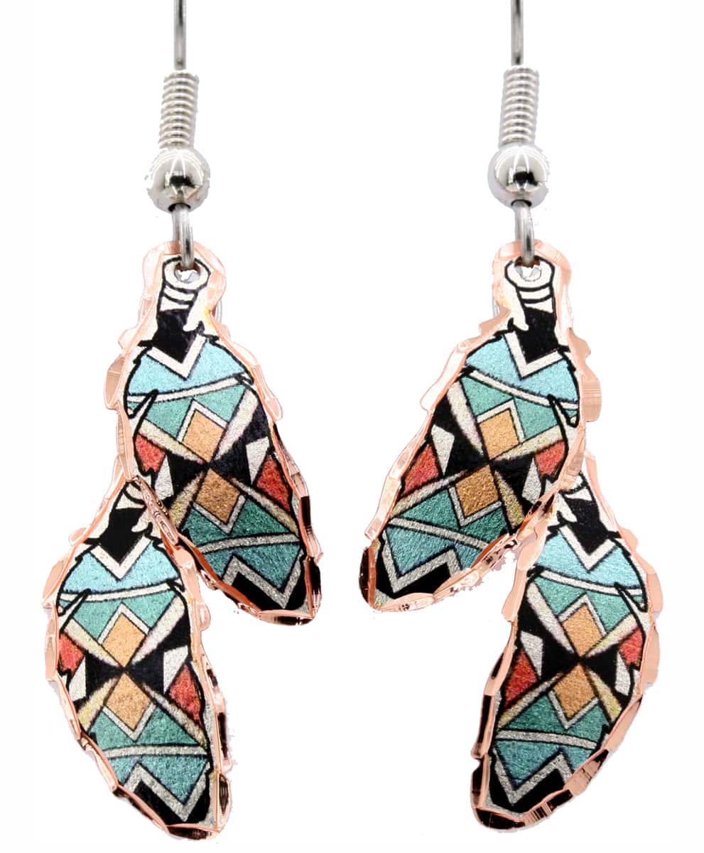 Native American - Copper Double Feather Turquoise Earrings