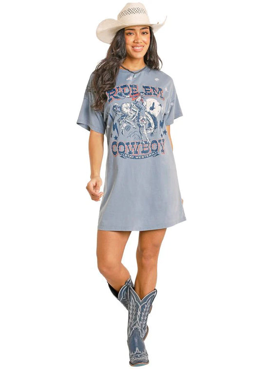 Rock & Roll - Womens Blue Ride Em T-Shirt Dress