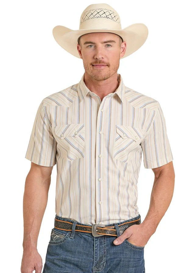 Panhandle Slim - Men's SS Cream Stripe Pearl Snap Shirt