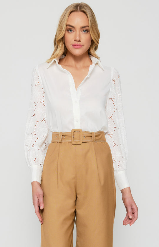 Style State -White Embroidery Sleeves Button Up Shirt