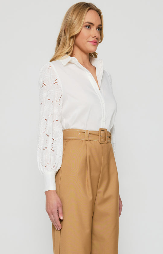 Style State -White Embroidery Sleeves Button Up Shirt