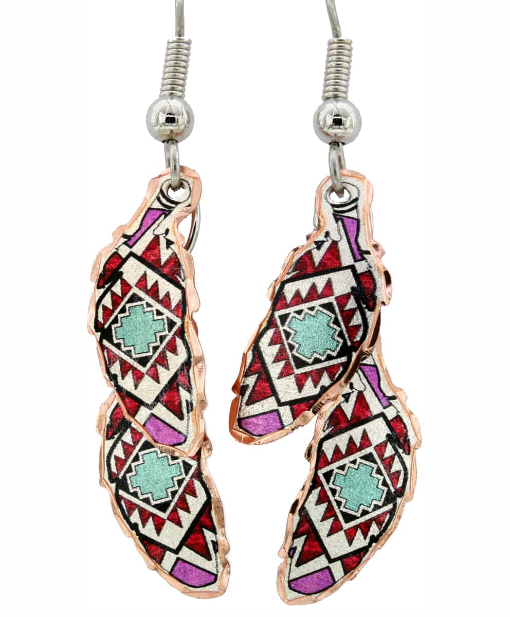 Native American - Copper Double Feather Bell Earrings